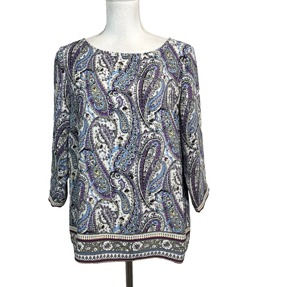 J. Jill Blouse Tunic size Medium Petite Purple Blue Paisley Boho Career Church - Picture 1 of 8